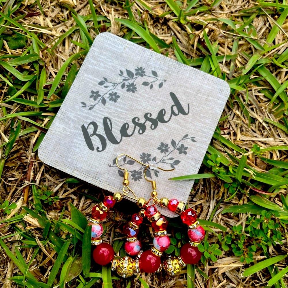 Red Beaded Handmade Hoop Earrings